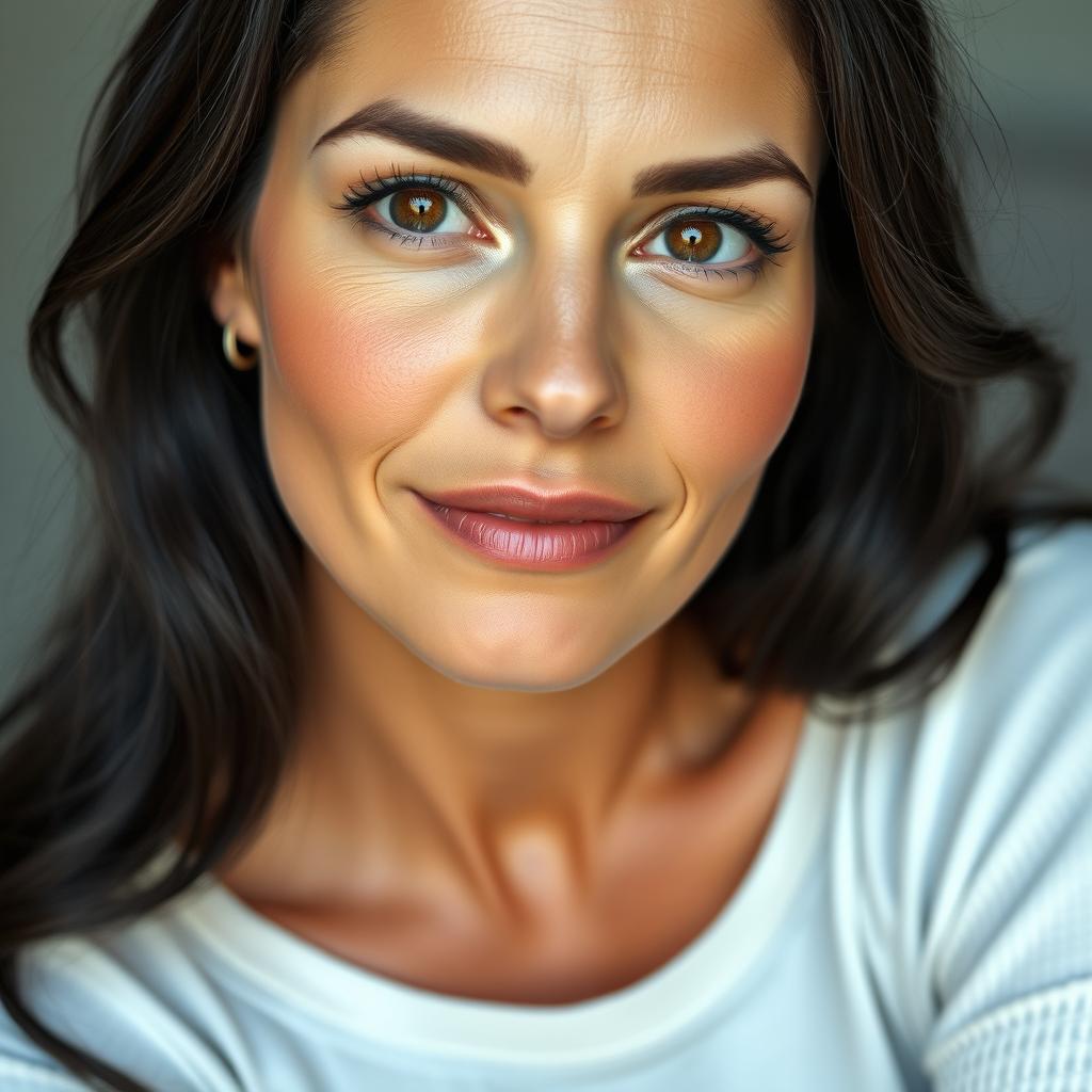 A portrait of a 35-year-old woman sitting, featuring an oval or slightly square face with defined features