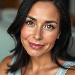 A portrait of a 35-year-old woman sitting, featuring an oval or slightly square face with defined features