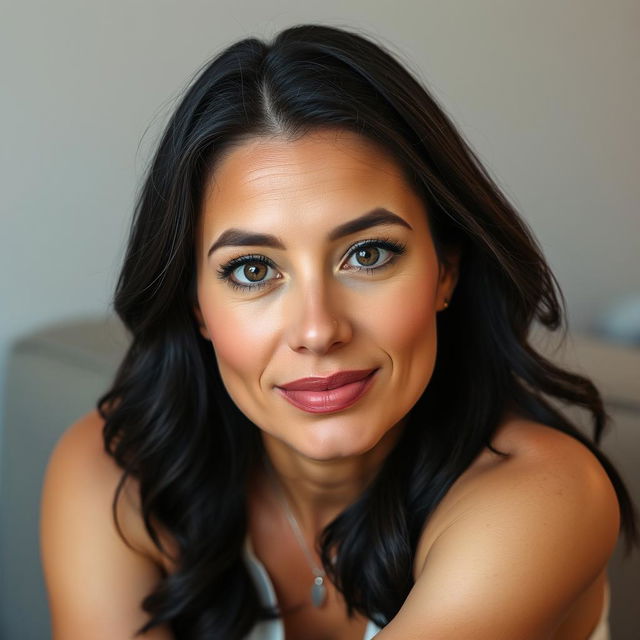 A portrait of a 35-year-old woman sitting, featuring an oval or slightly square face with defined features