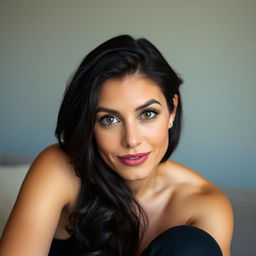 A portrait of a 35-year-old woman sitting, featuring an oval or slightly square face with defined features