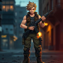 A tough, striking character standing confidently with a firearm in their hand