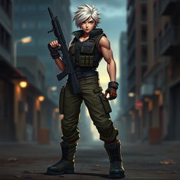 A tough, striking character standing confidently with a firearm in their hand
