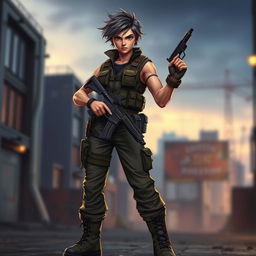 A tough, striking character standing confidently with a firearm in their hand