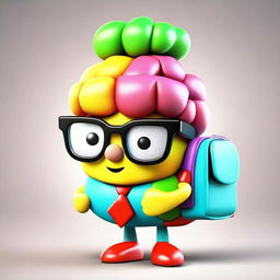 Create a colorful 3D character of a cute, nerdy brain with glasses, wearing a stylish backpack.