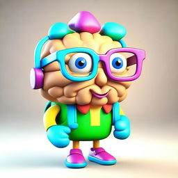 Create a colorful 3D character of a cute, nerdy brain with glasses, wearing a stylish backpack.