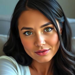 A portrait of a 35-year-old woman sitting, showcasing an oval or slightly square face with well-defined features