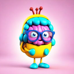 Create a colorful 3D character of a cute, nerdy brain with glasses, wearing a stylish backpack.