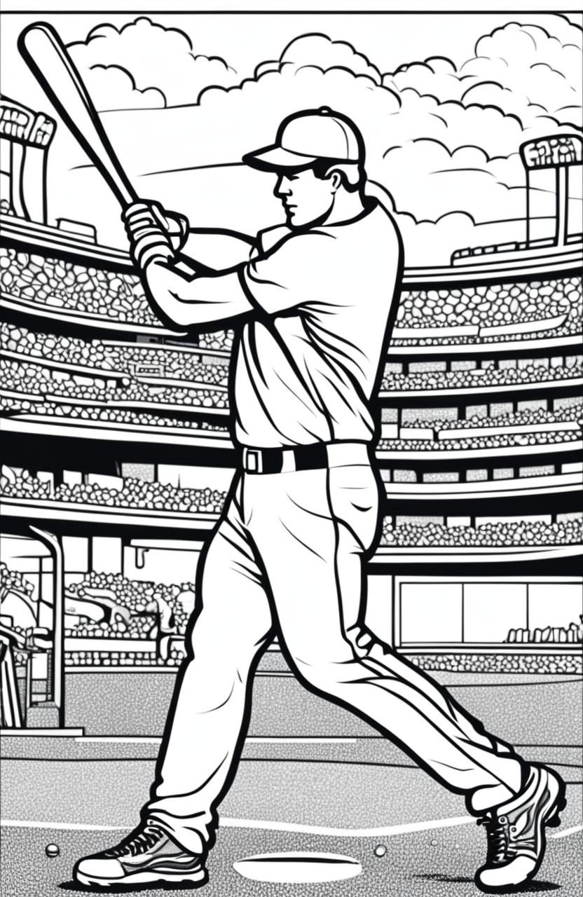 Coloring page featuring a baseball player mid-swing, with a detailed stadium background.