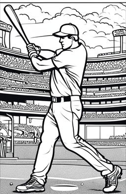 Coloring page featuring a baseball player mid-swing, with a detailed stadium background.