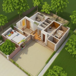 Generate a 3D model of an east-facing 30ft x 60ft floor plan, designed according to residential architectural trends in India.