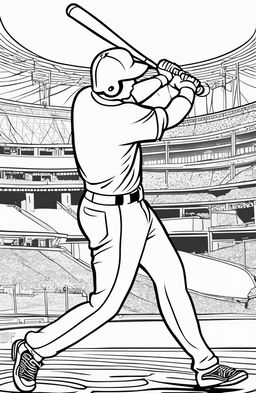 Coloring page featuring a baseball player mid-swing, with a detailed stadium background.