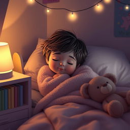 A cute girl peacefully sleeping in a cozy bedroom dimly lit by a soft bedside lamp