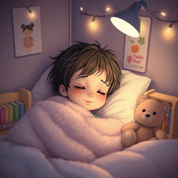 A cute girl peacefully sleeping in a cozy bedroom dimly lit by a soft bedside lamp