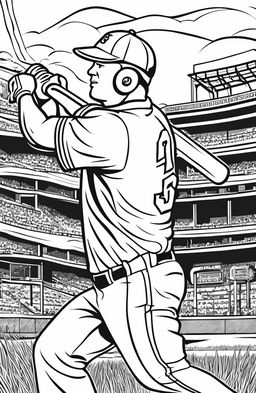 Coloring page featuring a baseball player mid-swing, with a detailed stadium background.