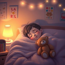 A cute girl peacefully sleeping in a cozy bedroom dimly lit by a soft bedside lamp