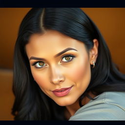 A 35-year-old woman with an oval face and defined features, sitting gracefully