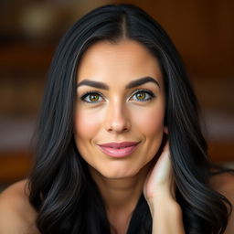 A 35-year-old woman with an oval face and defined features, sitting gracefully