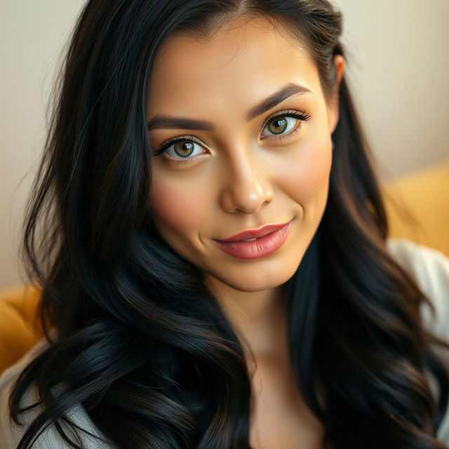 A 35-year-old woman with an oval face and defined features, sitting gracefully