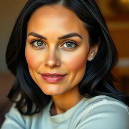 A 35-year-old woman with an oval face and defined features, sitting gracefully