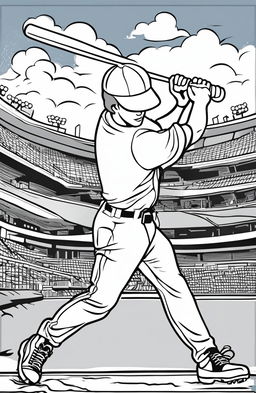 Coloring page featuring a baseball player mid-swing, with a detailed stadium background.