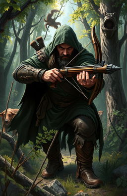 A detailed and dynamic scene depicting a fierce hunter named Drager