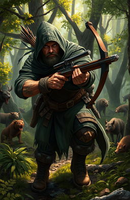 A detailed and dynamic scene depicting a fierce hunter named Drager
