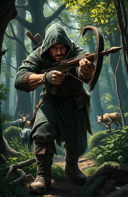 A detailed and dynamic scene depicting a fierce hunter named Drager