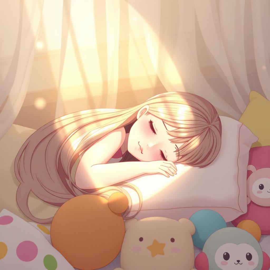 A beautiful cute girl sleeping peacefully in a softly lit, cozy bedroom