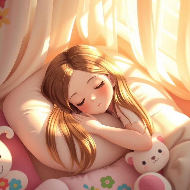 A beautiful cute girl sleeping peacefully in a softly lit, cozy bedroom