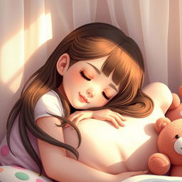 A beautiful cute girl sleeping peacefully in a softly lit, cozy bedroom