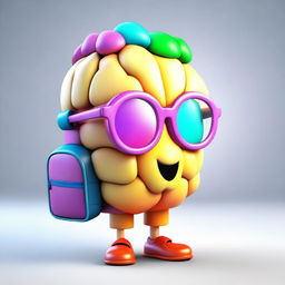 Create an image of a young, cute, and nerdy 3D brain character, full of vibrant colors, wearing a chic backpack.