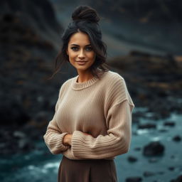 A woman aged 30-35 years, with expressive features and a captivating mysterious smile