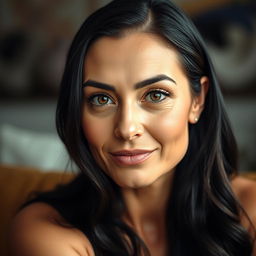 A 35-year-old woman with an oval or slightly square face and defined features, sitting in a half-body pose