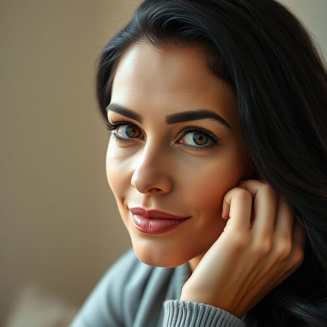 A 35-year-old woman with an oval or slightly square face and defined features, sitting in a half-body pose