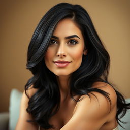 A 35-year-old woman with an oval or slightly square face and defined features, sitting in a half-body pose