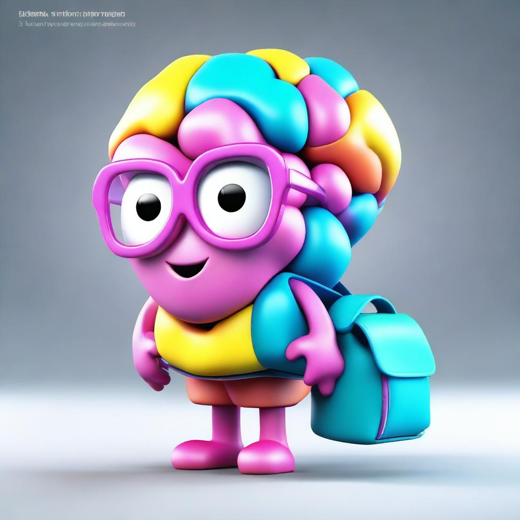 Create an image of a young, cute, and nerdy 3D brain character, full of vibrant colors, wearing a chic backpack.