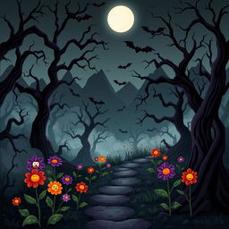 A spooky cartoon style forest filled with twisted trees, fog creeping along the ground, and gnarled branches reaching out