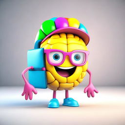 Create an image of a young, cute, and nerdy 3D brain character, full of vibrant colors, wearing a chic backpack.