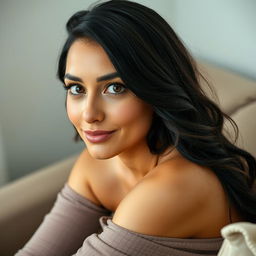 A 35-year-old woman in a half-body pose, sitting elegantly