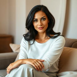 A 35-year-old woman in a half-body pose, sitting elegantly