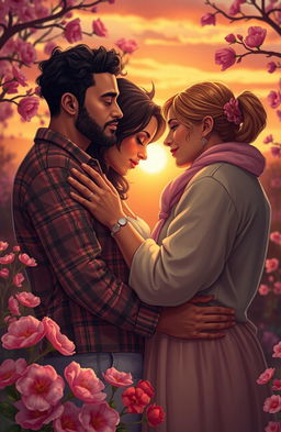A beautiful romantic scene symbolizing love and hate intertwined, featuring diverse couples embracing in a warm, intimate setting
