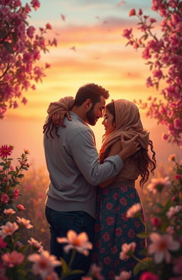 A beautiful romantic scene symbolizing love and hate intertwined, featuring diverse couples embracing in a warm, intimate setting