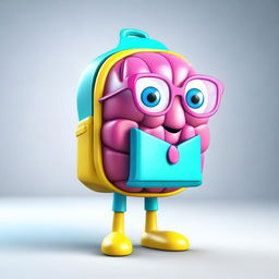 Create an image of a young, cute, and nerdy 3D brain character, full of vibrant colors, wearing a chic backpack.