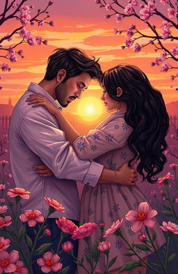 A beautiful romantic scene symbolizing love and hate intertwined, featuring diverse couples embracing in a warm, intimate setting