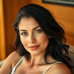 A 35-year-old woman in a half-body pose, sitting comfortably