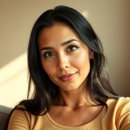 A 35-year-old woman in a half-body pose, sitting comfortably