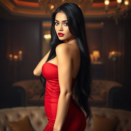 A stunning, alluring woman in a sultry pose, wearing an elegant, form-fitting red dress that highlights her curves