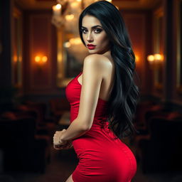 A stunning, alluring woman in a sultry pose, wearing an elegant, form-fitting red dress that highlights her curves