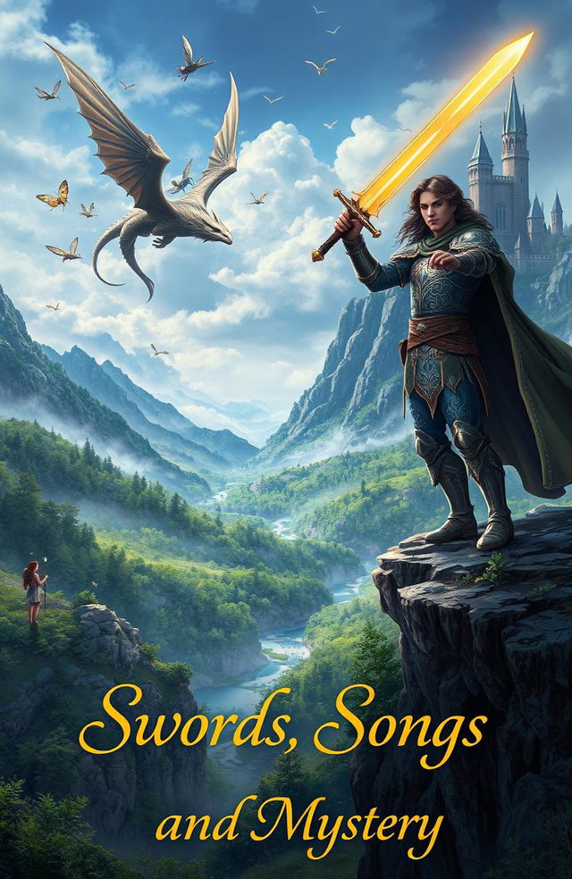 A captivating fantasy adventure novel cover titled 'Swords, Songs and Mystery'