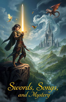 A captivating fantasy adventure novel cover titled 'Swords, Songs and Mystery'